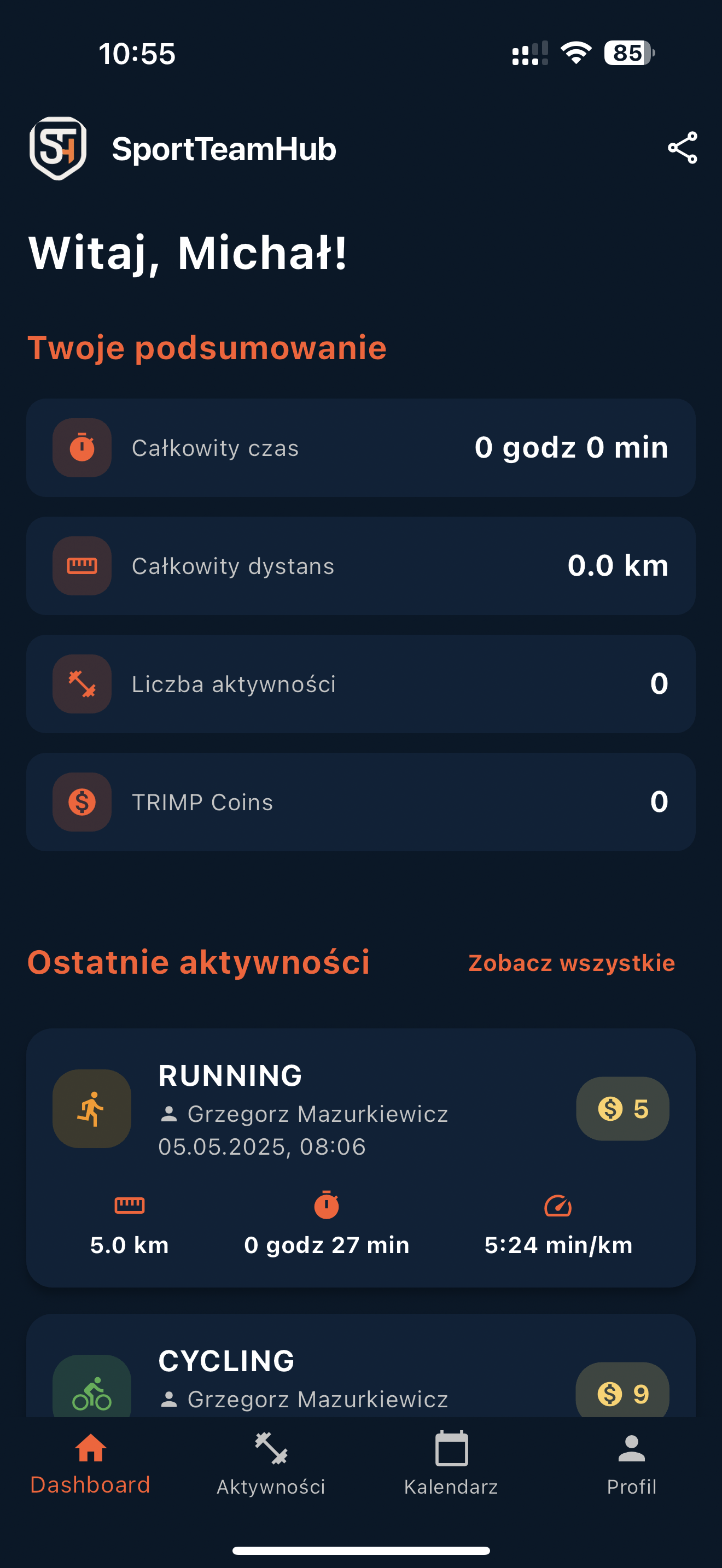 Dashboard aplikacji SportTeamHub