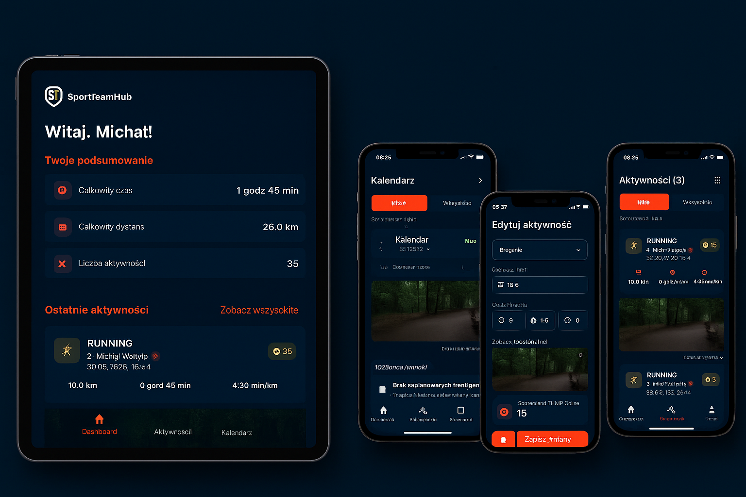 SportTeamHub mobile app screens showing dashboard, calendar, and activities