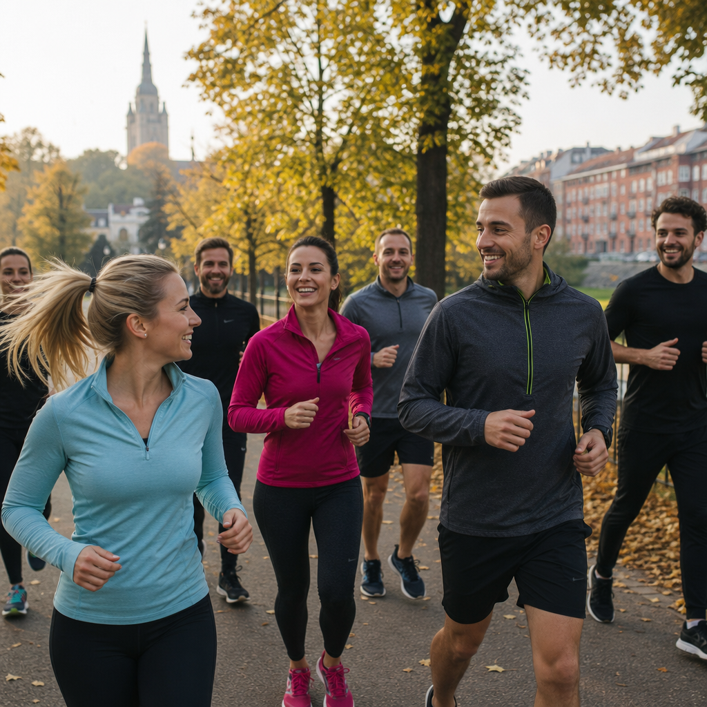 Grupa pracowników biegnących razem o zachodzie słońca